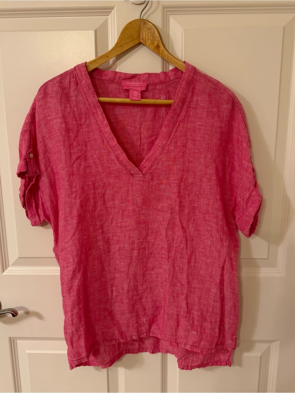 Isaac Mizrahi New York Women's Pink Linen Top Medium Loose Fit Short Sleeve EUC